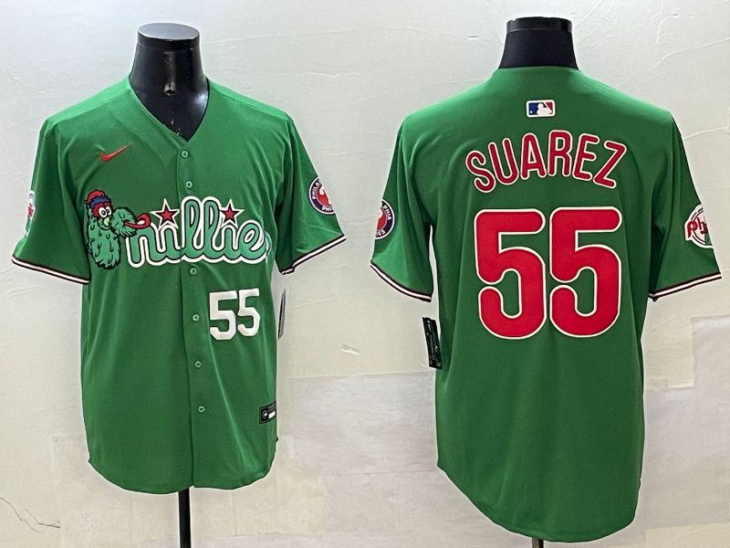Men Philadelphia Phillies #55 Suarez Green Three generations Joint Name Game 2025 Nike MLB Jersey style 2